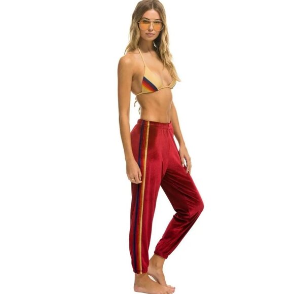 AVIATOR NATION Striped Velvet Velour Jogger Sweatpants Red Women's XL 5 Stripe - Picture 1 of 7